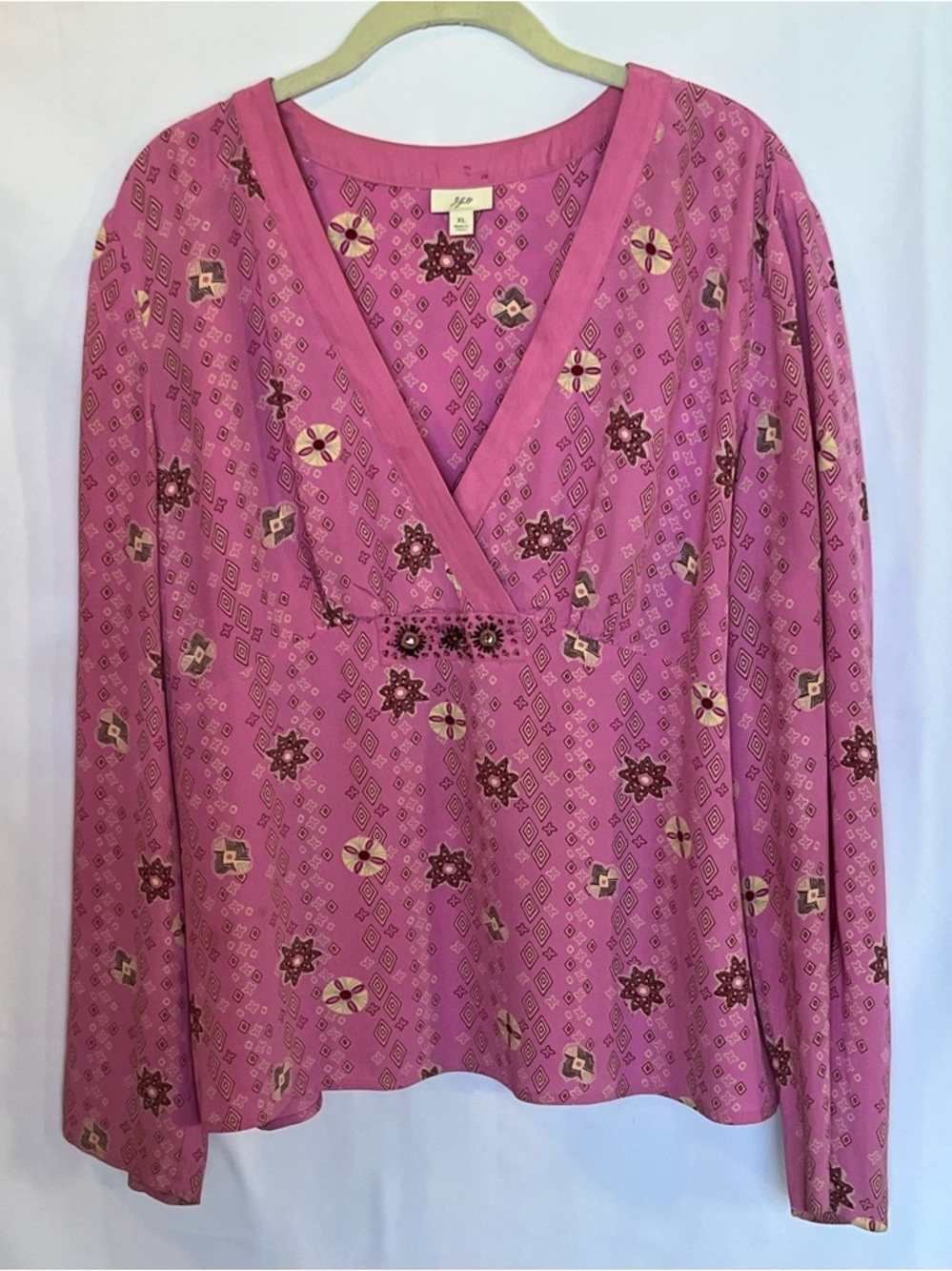 J. Jill Pink Printed V-Neck Blouse with beaded details.